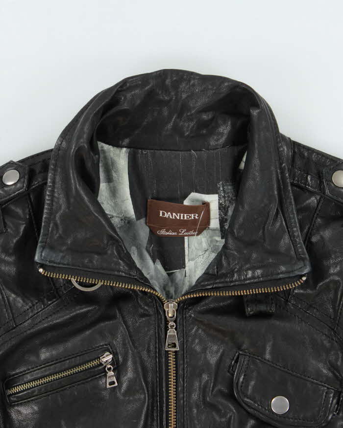 Vintage Y2K 00s Danier Women's Funnel Neck Italian Leather Cafe Racer Moto Jacket - M