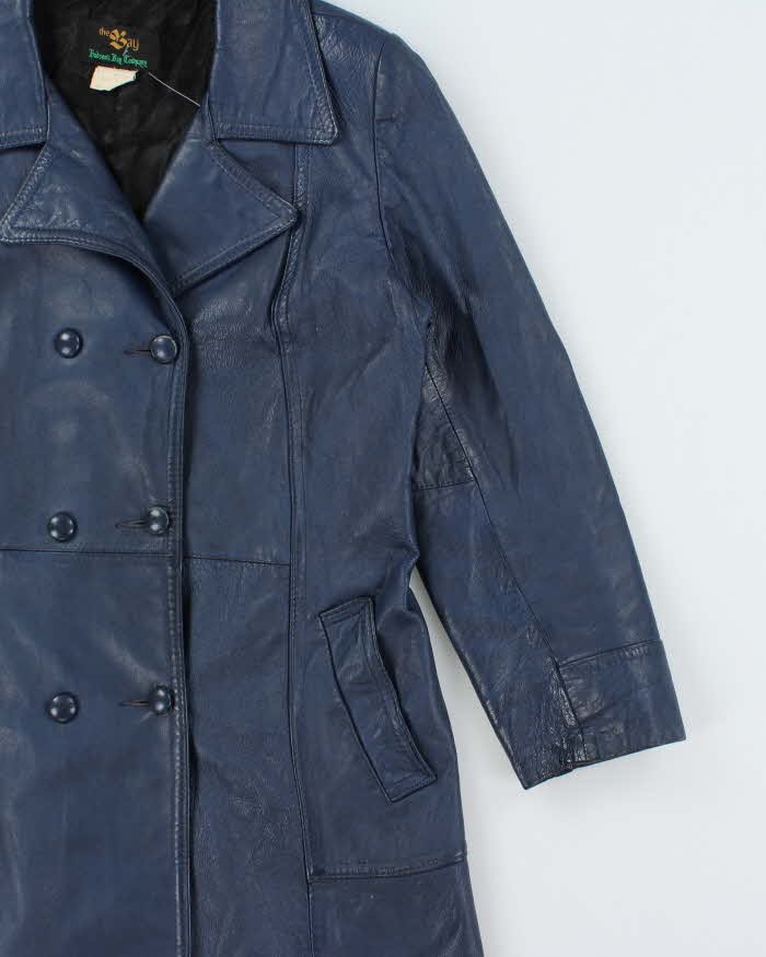 Vintage 1970s Hudon's Bay Company The Bay Women's Royal Blue Leather Double Breasted Mid-Length Jacket - S