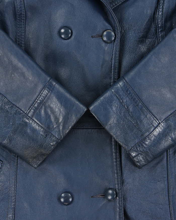 Vintage 1970s Hudon's Bay Company The Bay Women's Royal Blue Leather Double Breasted Mid-Length Jacket - S