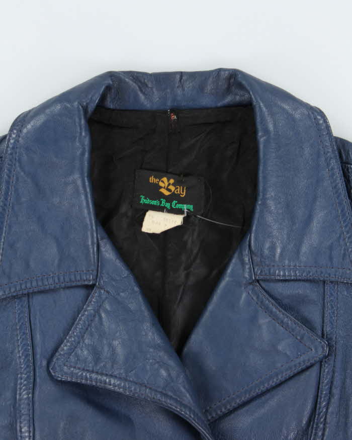 Vintage 1970s Hudon's Bay Company The Bay Women's Royal Blue Leather Double Breasted Mid-Length Jacket - S