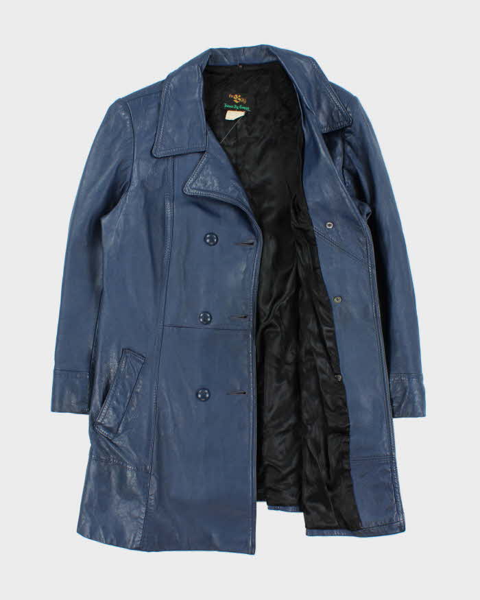 Vintage 1970s Hudon's Bay Company The Bay Women's Royal Blue Leather Double Breasted Mid-Length Jacket - S