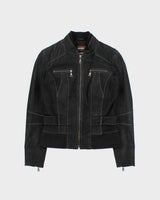 Vintage Y2K 00s Danier Women's Grained Leather Contrast Stitch Belted Cafe Racer Moto Jacket - S