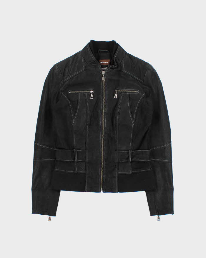 Vintage Y2K 00s Danier Women's Grained Leather Contrast Stitch Belted Cafe Racer Moto Jacket - S