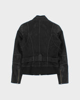 Vintage Y2K 00s Danier Women's Grained Leather Contrast Stitch Belted Cafe Racer Moto Jacket - S