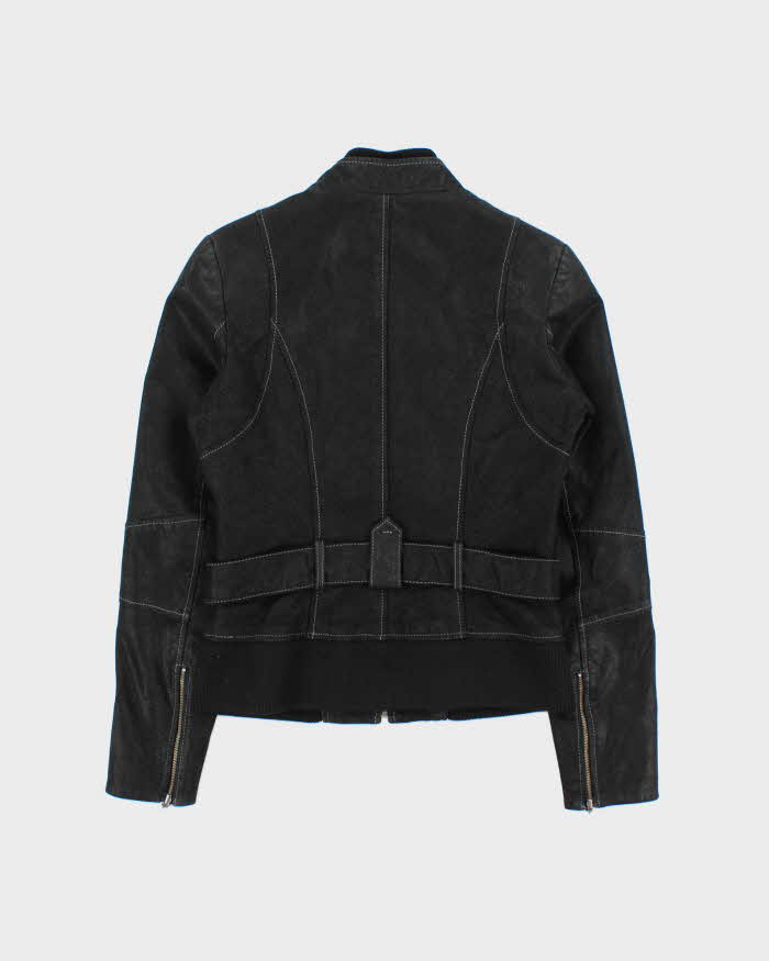 Vintage Y2K 00s Danier Women's Grained Leather Contrast Stitch Belted Cafe Racer Moto Jacket - S