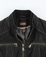 Vintage Y2K 00s Danier Women's Grained Leather Contrast Stitch Belted Cafe Racer Moto Jacket - S