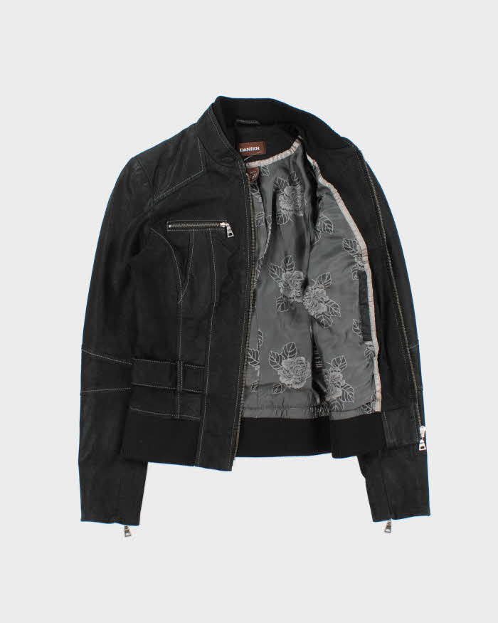 Vintage Y2K 00s Danier Women's Grained Leather Contrast Stitch Belted Cafe Racer Moto Jacket - S