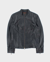 Vintage Y2K 00s Danier Women's Navy Italian Calfskin Leather Cafe Racer Jacket - L
