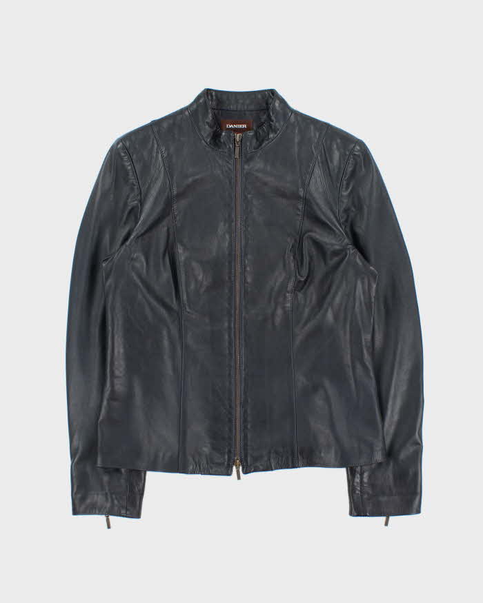Vintage Y2K 00s Danier Women's Navy Italian Calfskin Leather Cafe Racer Jacket - L
