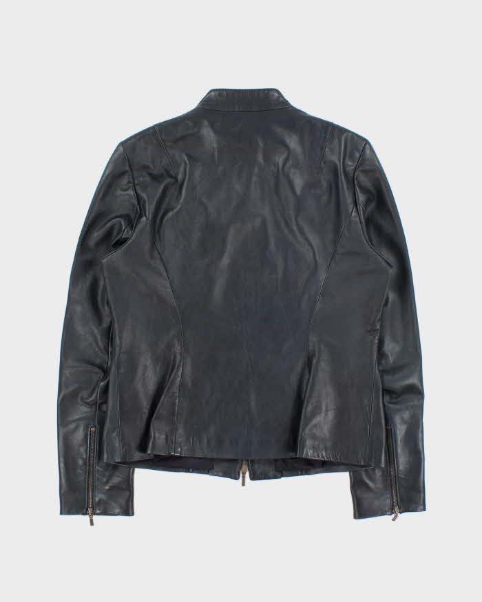 Vintage Y2K 00s Danier Women's Navy Italian Calfskin Leather Cafe Racer Jacket - L