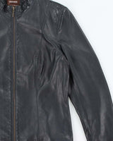 Vintage Y2K 00s Danier Women's Navy Italian Calfskin Leather Cafe Racer Jacket - L