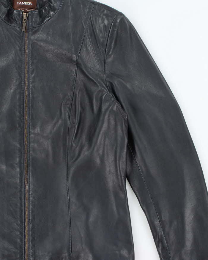 Vintage Y2K 00s Danier Women's Navy Italian Calfskin Leather Cafe Racer Jacket - L