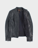 Vintage Y2K 00s Danier Women's Navy Italian Calfskin Leather Cafe Racer Jacket - L