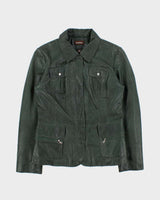 Vintage Y2K 00s Danier Women's Hunter Green Calfskin Leather Quilt Lined Safari Biker Jacket - L