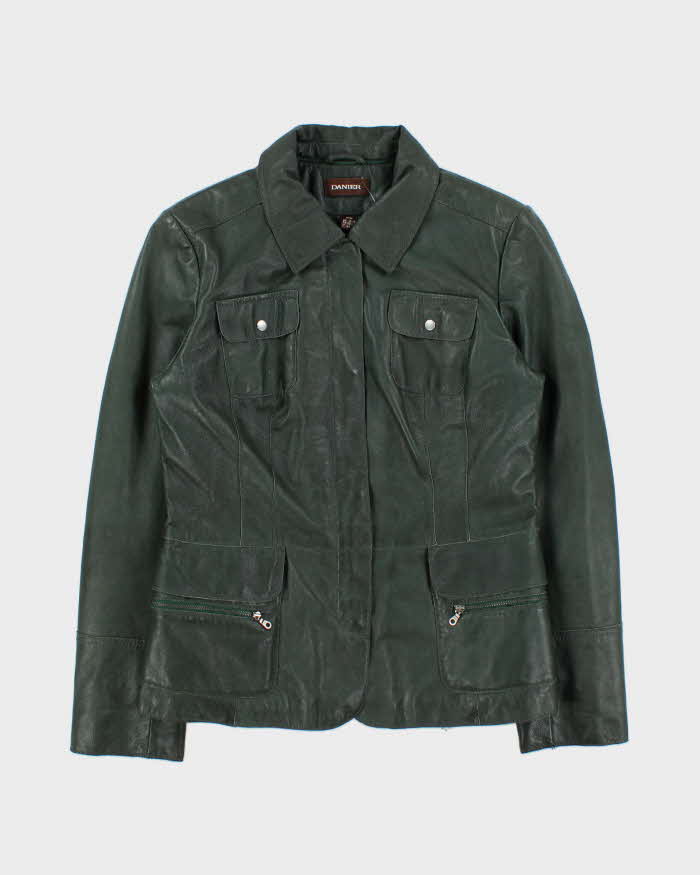 Vintage Y2K 00s Danier Women's Hunter Green Calfskin Leather Quilt Lined Safari Biker Jacket - L