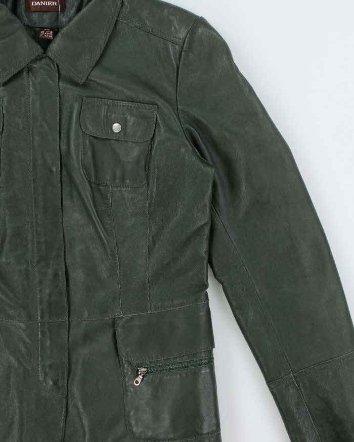 Vintage Y2K 00s Danier Women's Hunter Green Calfskin Leather Quilt Lined Safari Biker Jacket - L