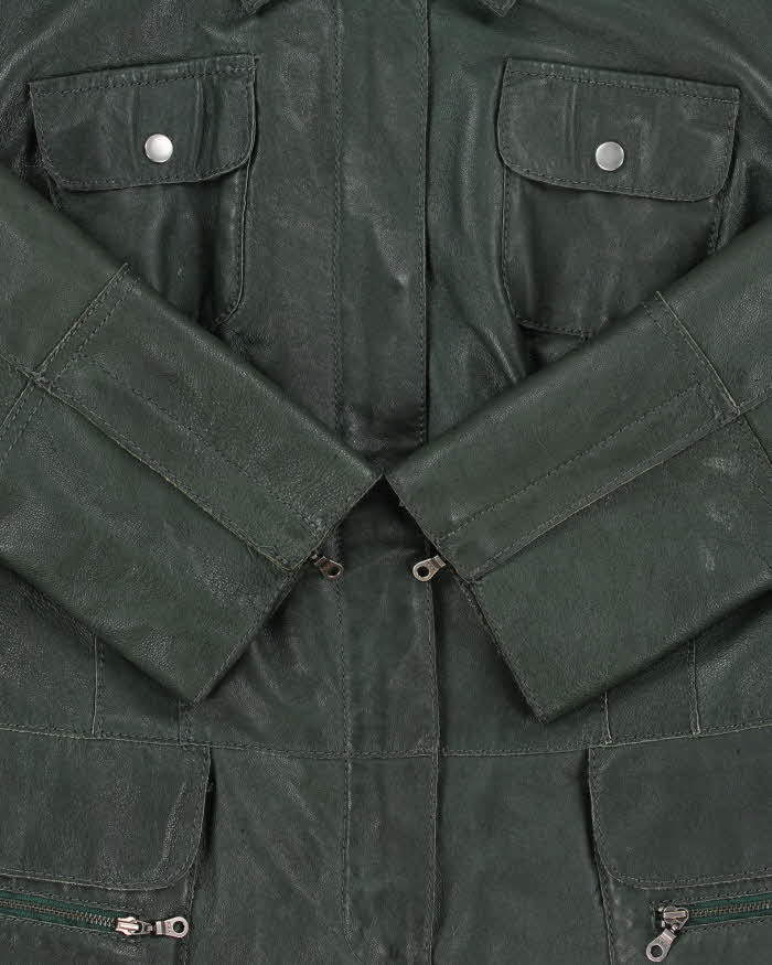 Vintage Y2K 00s Danier Women's Hunter Green Calfskin Leather Quilt Lined Safari Biker Jacket - L