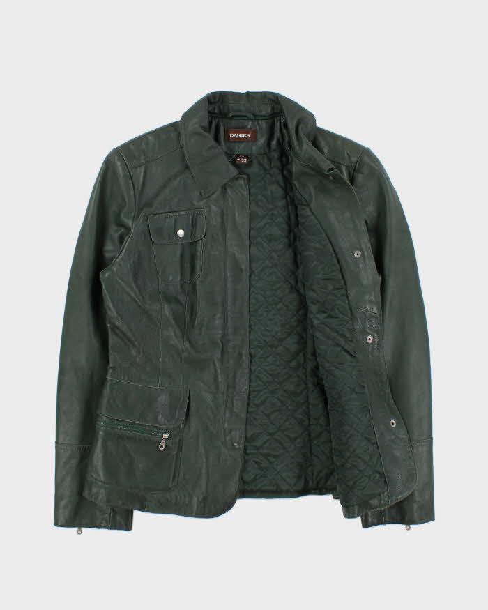 Vintage Y2K 00s Danier Women's Hunter Green Calfskin Leather Quilt Lined Safari Biker Jacket - L
