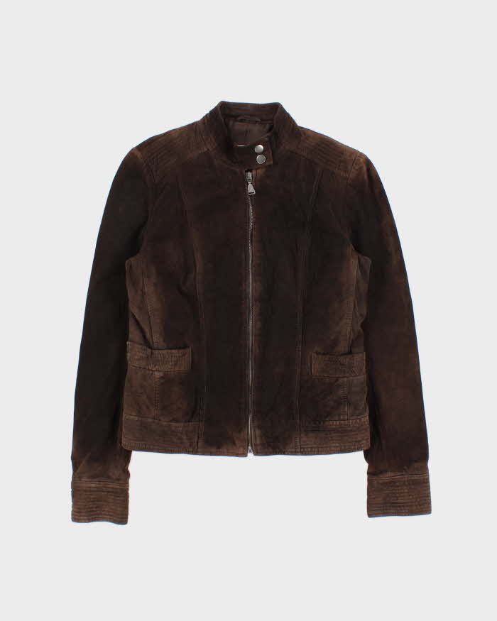 Vintage Y2K 00s Calvin Klein Brown Suede Women's Cafe Racer Moto Jacket - S