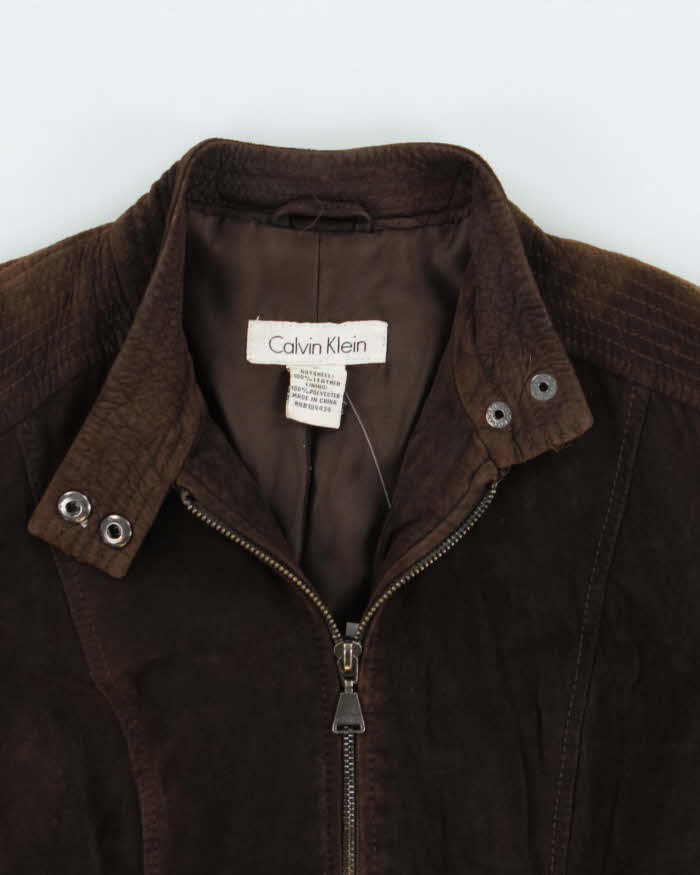 Vintage Y2K 00s Calvin Klein Brown Suede Women's Cafe Racer Moto Jacket - S