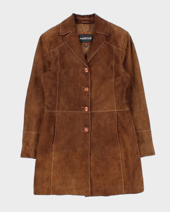 Vintage Y2K 00s Mauritius Women's Brown Contrast Stitch Suede Mid-Length Button Front Jacket - S