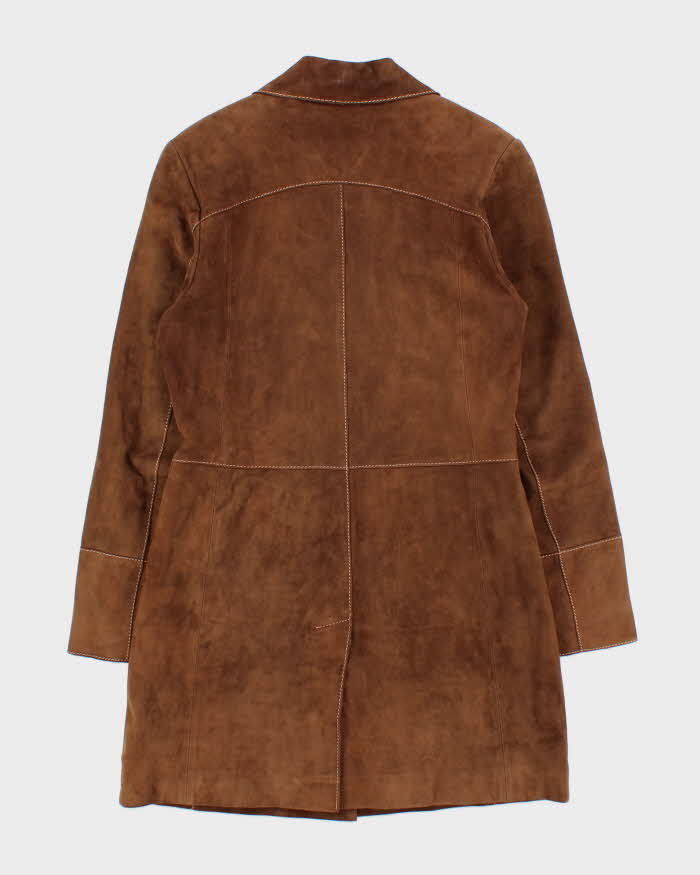 Vintage Y2K 00s Mauritius Women's Brown Contrast Stitch Suede Mid-Length Button Front Jacket - S