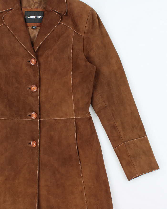 Vintage Y2K 00s Mauritius Women's Brown Contrast Stitch Suede Mid-Length Button Front Jacket - S