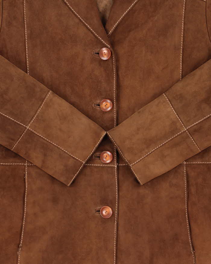 Vintage Y2K 00s Mauritius Women's Brown Contrast Stitch Suede Mid-Length Button Front Jacket - S