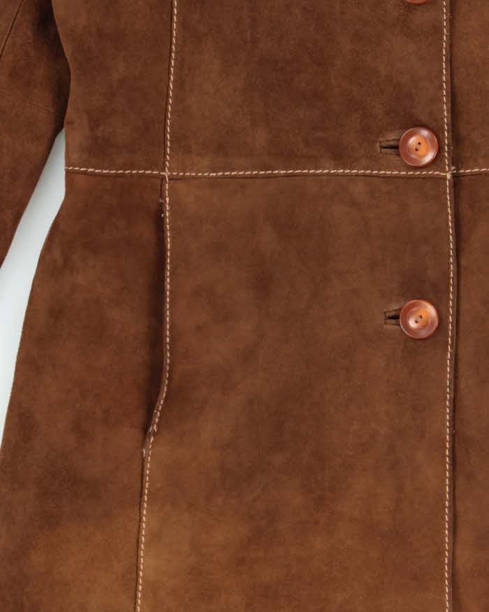 Vintage Y2K 00s Mauritius Women's Brown Contrast Stitch Suede Mid-Length Button Front Jacket - S
