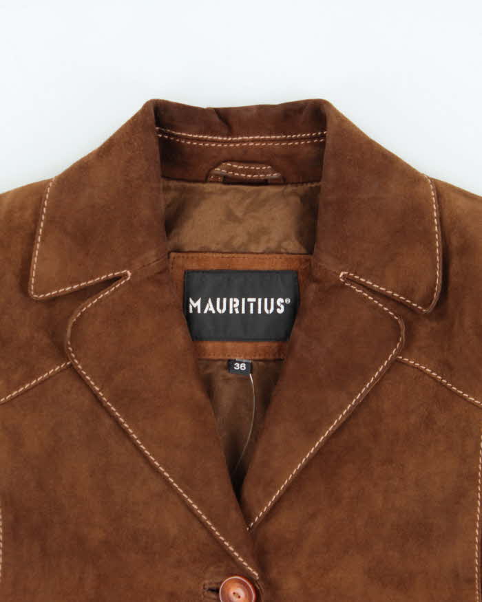 Vintage Y2K 00s Mauritius Women's Brown Contrast Stitch Suede Mid-Length Button Front Jacket - S