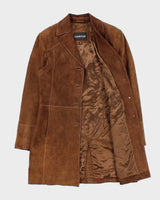 Vintage Y2K 00s Mauritius Women's Brown Contrast Stitch Suede Mid-Length Button Front Jacket - S
