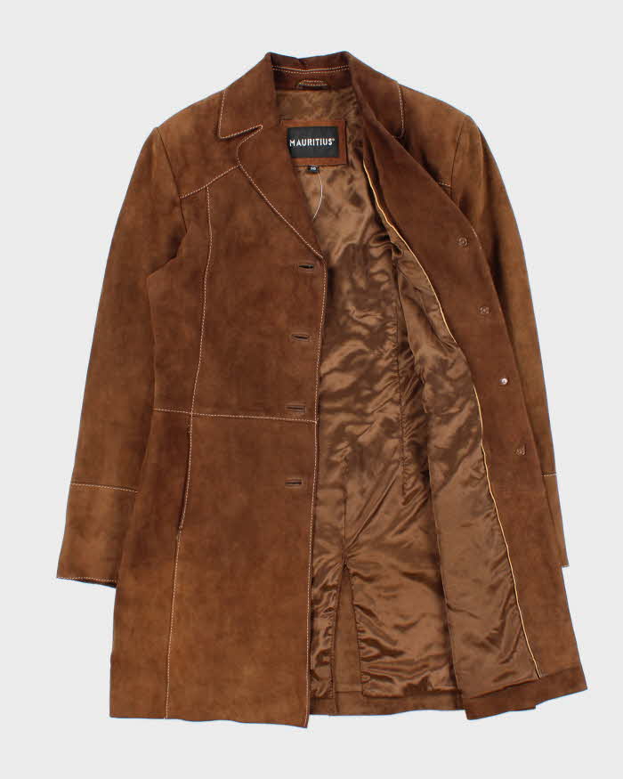 Vintage Y2K 00s Mauritius Women's Brown Contrast Stitch Suede Mid-Length Button Front Jacket - S