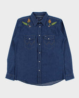 Vintage Y2K 00s Wrangler Women's Bead Embroidered Raw Indigo Denim Pearl Snap Button Long Sleeve Western Shirt - XL