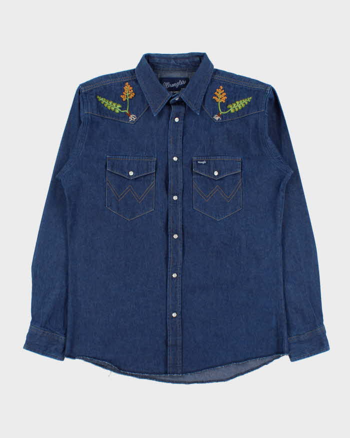 Vintage Y2K 00s Wrangler Women's Bead Embroidered Raw Indigo Denim Pearl Snap Button Long Sleeve Western Shirt - XL