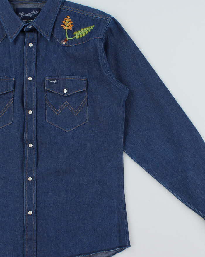 Vintage Y2K 00s Wrangler Women's Bead Embroidered Raw Indigo Denim Pearl Snap Button Long Sleeve Western Shirt - XL