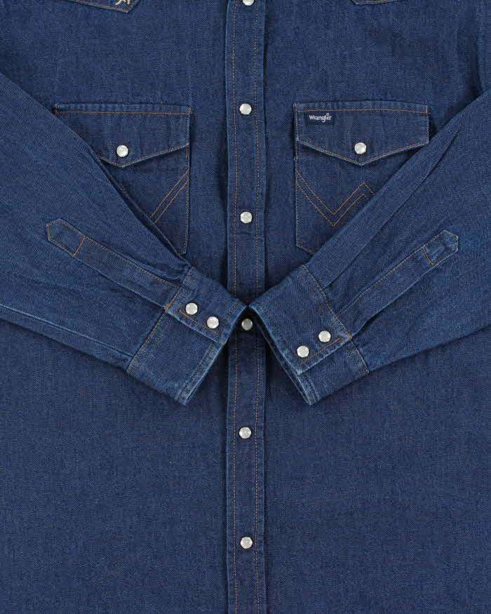 Vintage Y2K 00s Wrangler Women's Bead Embroidered Raw Indigo Denim Pearl Snap Button Long Sleeve Western Shirt - XL