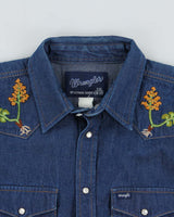 Vintage Y2K 00s Wrangler Women's Bead Embroidered Raw Indigo Denim Pearl Snap Button Long Sleeve Western Shirt - XL