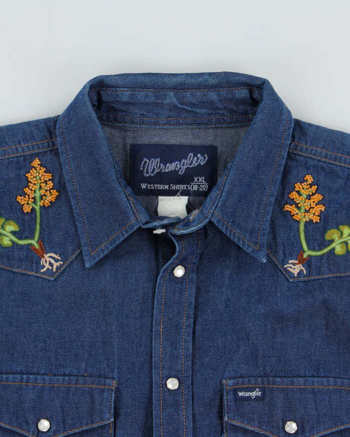 Vintage Y2K 00s Wrangler Women's Bead Embroidered Raw Indigo Denim Pearl Snap Button Long Sleeve Western Shirt - XL