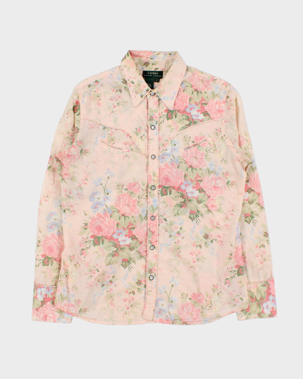 Vintage Y2K 00s Lauren Ralph Lauren LRL Pale Pink Floral Pearl Snap Button Long Sleeve Western Shirt - L