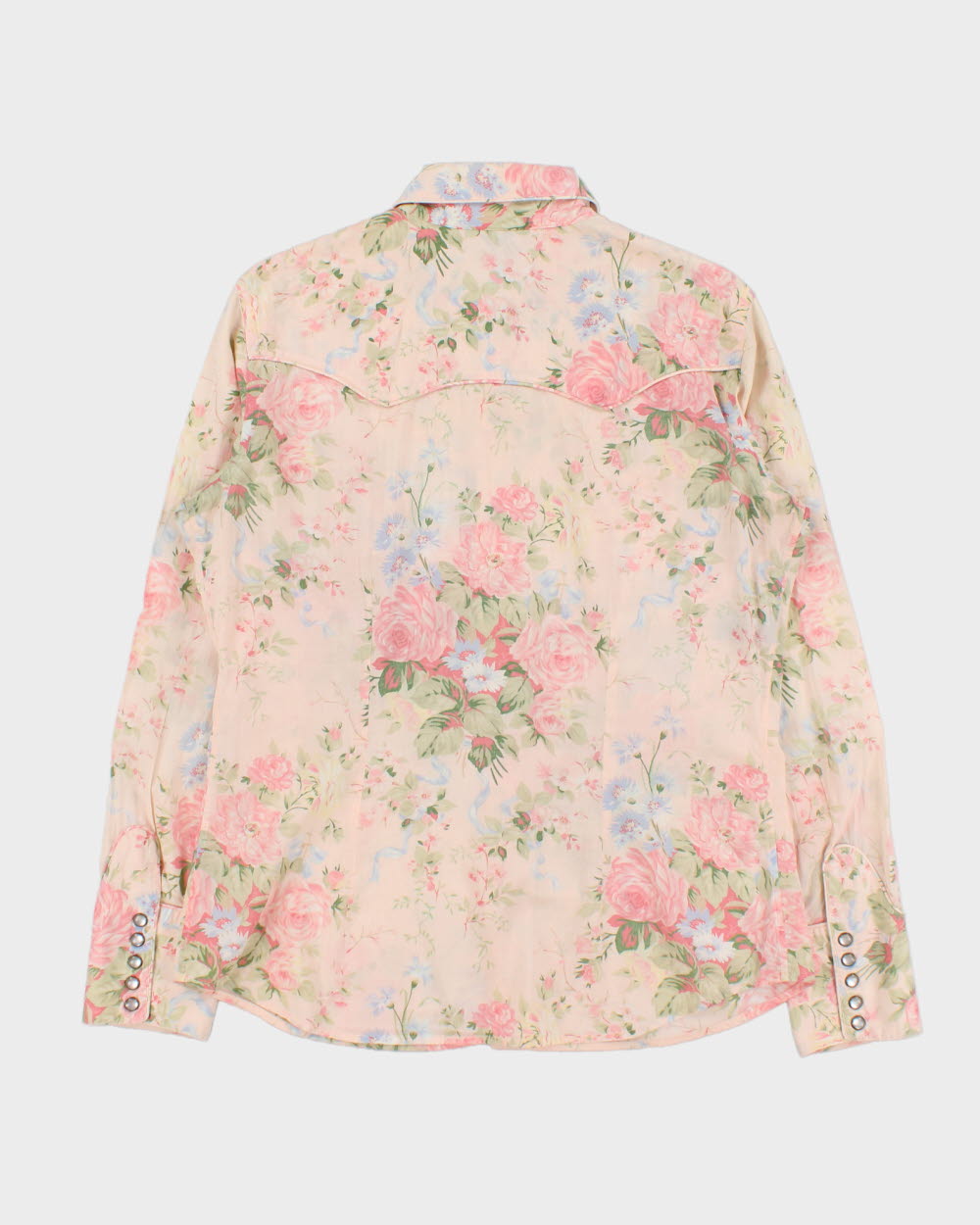 Vintage Y2K 00s Lauren Ralph Lauren LRL Pale Pink Floral Pearl Snap Button Long Sleeve Western Shirt - L