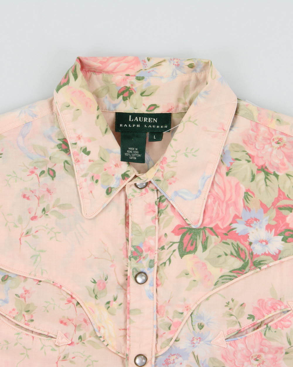 Vintage Y2K 00s Lauren Ralph Lauren LRL Pale Pink Floral Pearl Snap Button Long Sleeve Western Shirt - L