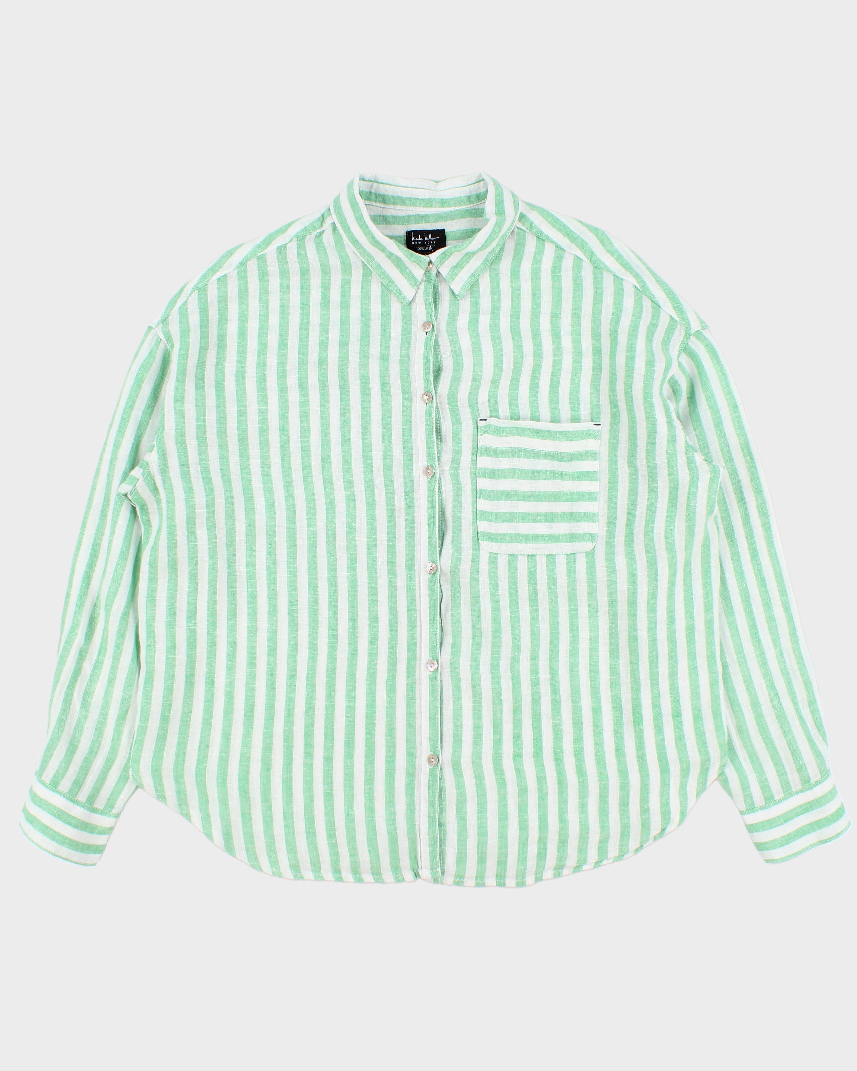 Vintage Nicole Miller Women's Ocean Wash Linen Relaxed Fit Long Sleeve Shirt - L