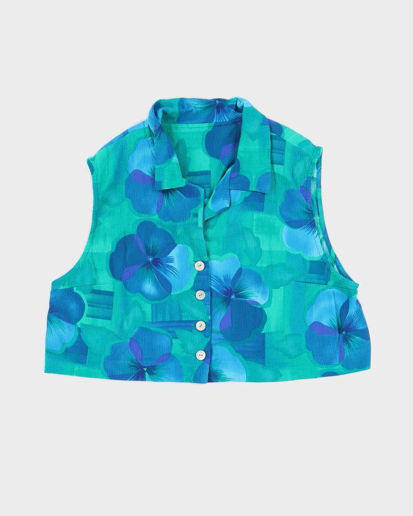 Cropped Blue Sleeveless Hawaiian Shirt - M