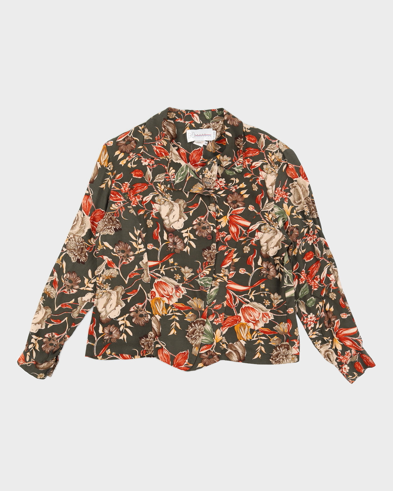 Vintage Green Floral Print Blouse - M