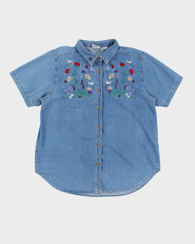 Vintage 90s Bobbie Brooks Floral Embroidered Denim Shirt - XL