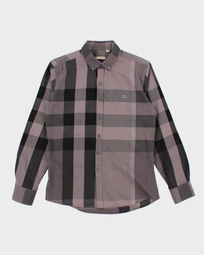 Womens Grey Burberry Check Button Up Shirt - M