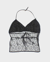 Y2K Black Beaded Mesh Halter Top - L