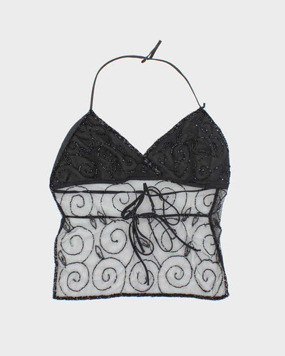 Y2K Black Beaded Mesh Halter Top - L