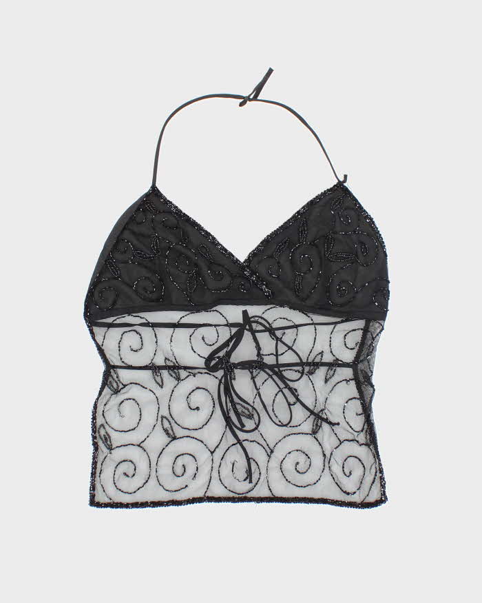 Y2K Black Beaded Mesh Halter Top - L