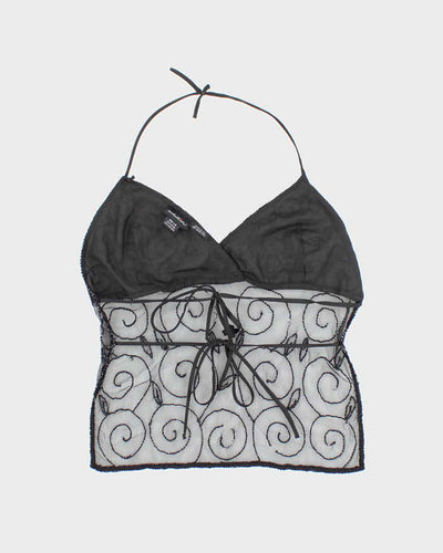 Y2K Black Beaded Mesh Halter Top - L
